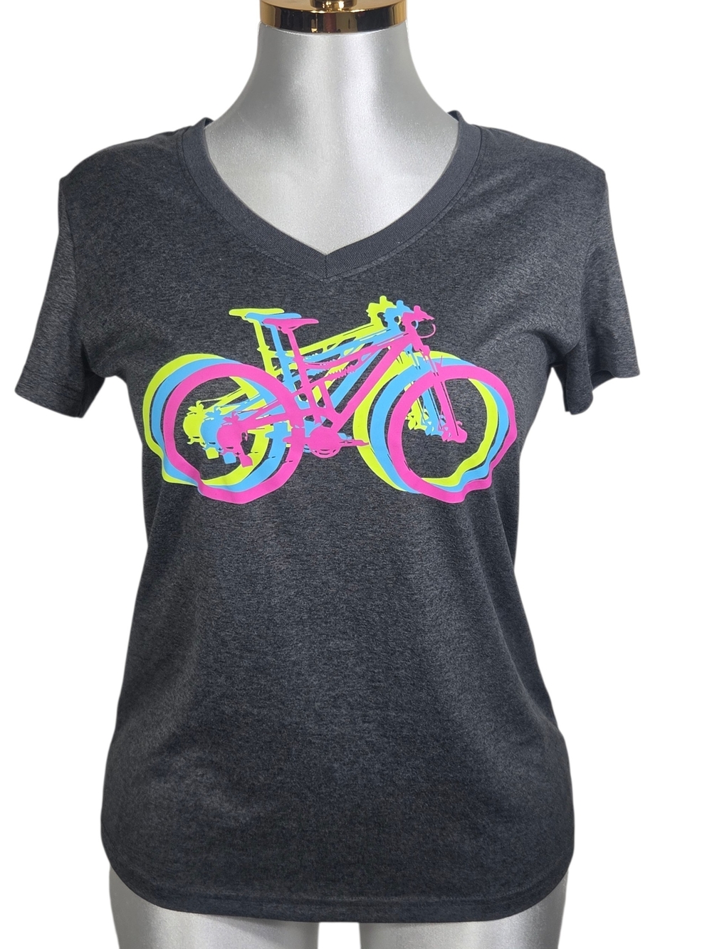 Shi by JOURNEYS Charcoal Gray V-Neck Tee with Neon Bicycle Print